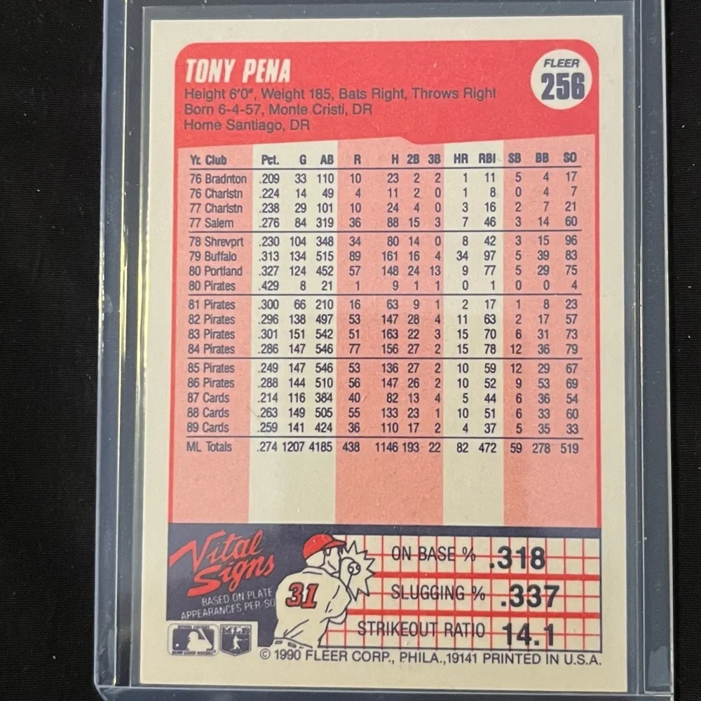 Vintage 1990 Tony Pena St. Louis Cardinals Fleer MLB Baseball Trading Card #256